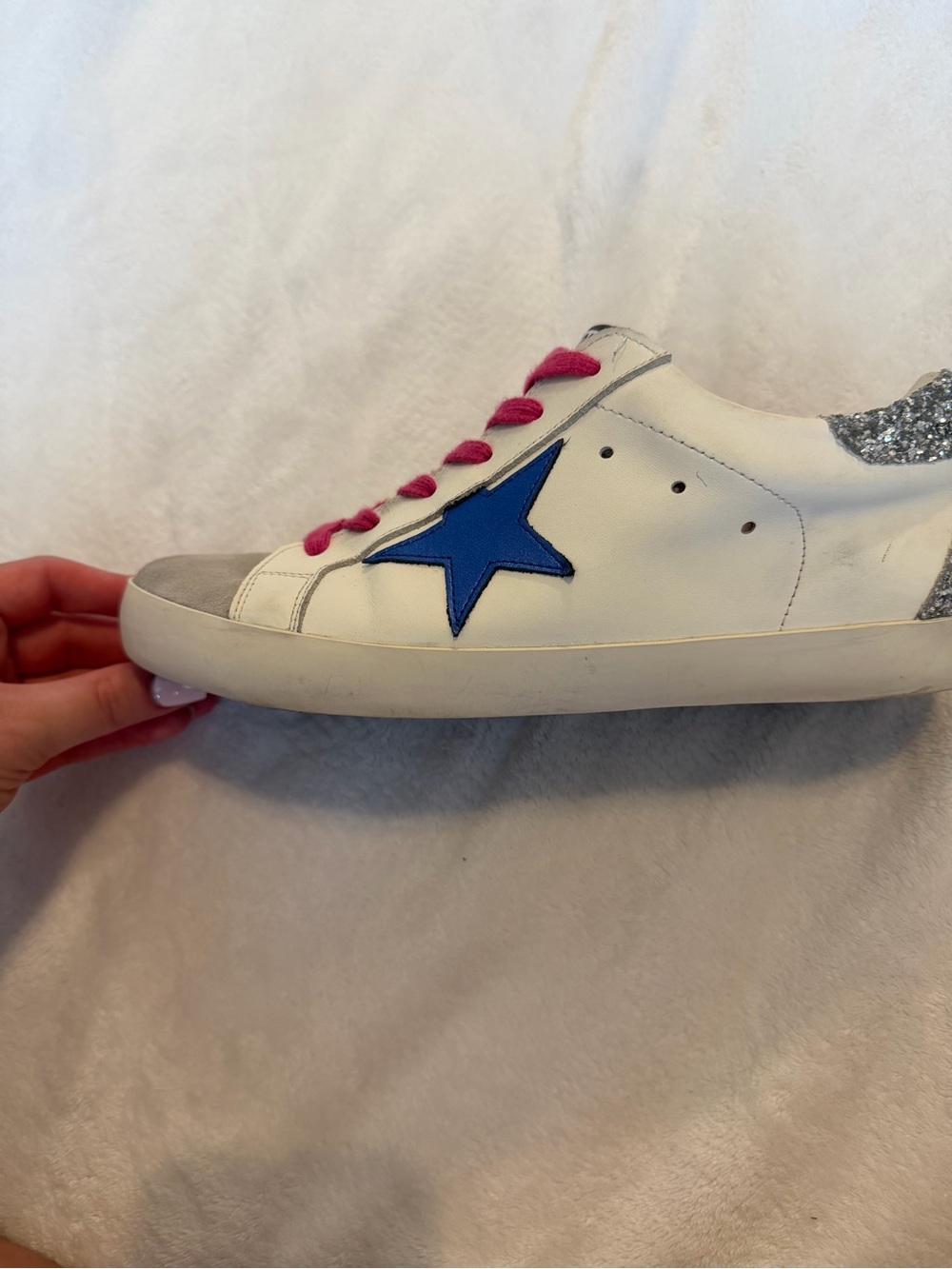 Golden Goose White Leather Sneakers with Blue Star and Pink Laces - Picture 9 of 16
